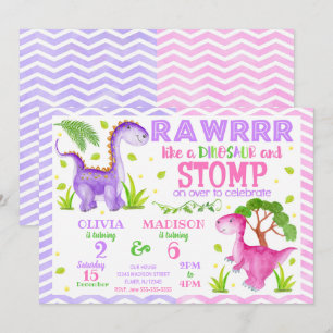 Convite Aniversário Conjunto de Irmãs Dinossauros
