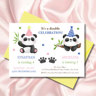 Convite Aniversário Conjunto de Menino e Menina Panda Fofo