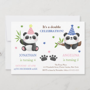 Convite Aniversário Conjunto de Menino e Menina Panda Fofo