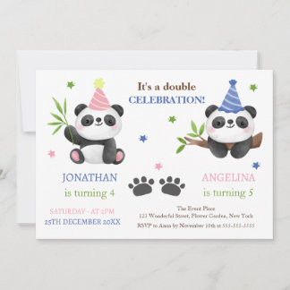 Convite Aniversário Conjunto de Menino e Menina Panda Fofo