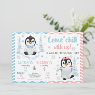 Convite Aniversário Conjunto de Pinguins Fofos de Inverno