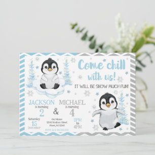 Convite Aniversário Conjunto de Pinguins Fofos de Inverno