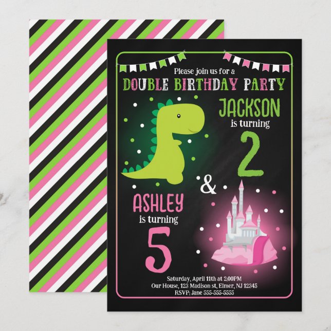 Convite Aniversário Conjunto de Príncipe Dinossauro e Prin (Frente/Verso)