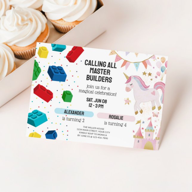 Convite Aniversário Conjunto de Unicórnio e Blocos de Cons (Joint Sibling Birthday Invitation - Unicorns and Building Blocks)