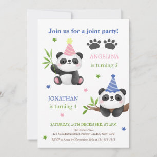 Convite Aniversário Conjunto do Menino e da Menina Panda