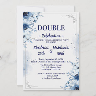 Convite Aniversário Conjunto Floral Azul e Branco Elegante