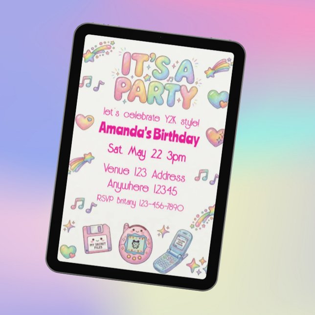 Convite Aniversário Cor de Arco-íris Estilo Y2K Digi-Fofa (Criador carregado)