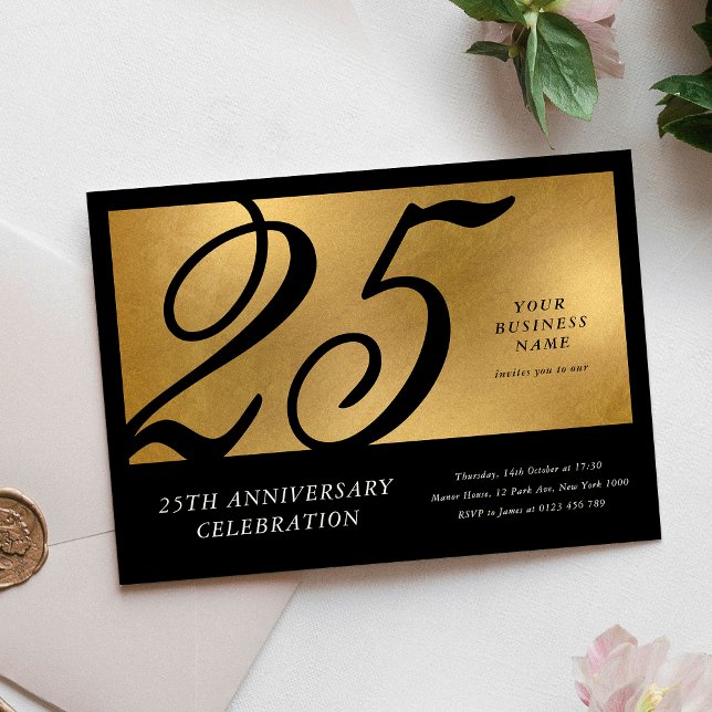 Convite Aniversário Corporativo Preto e Dourado Chic (Corporate Black & Gold Chic Business Anniversary Invitation)