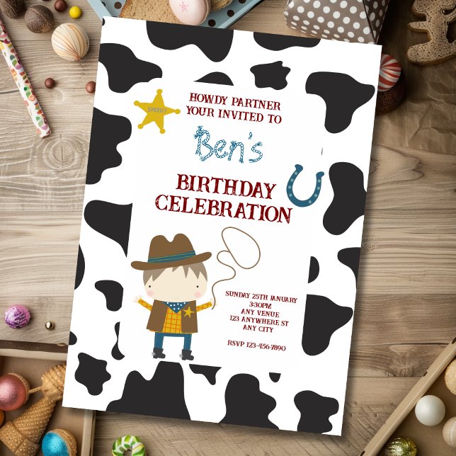 Convite Aniversário Cowboy com Impressão de Vaca Fofa (Criador carregado)