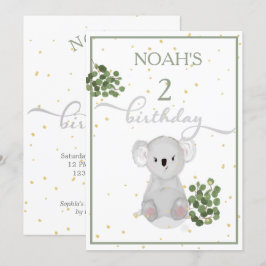 Convite Aniversário Cute Koala Green deixa Dourado