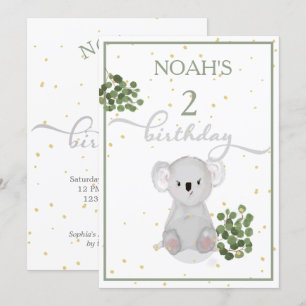 Convite Aniversário Cute Koala Green deixa Dourado