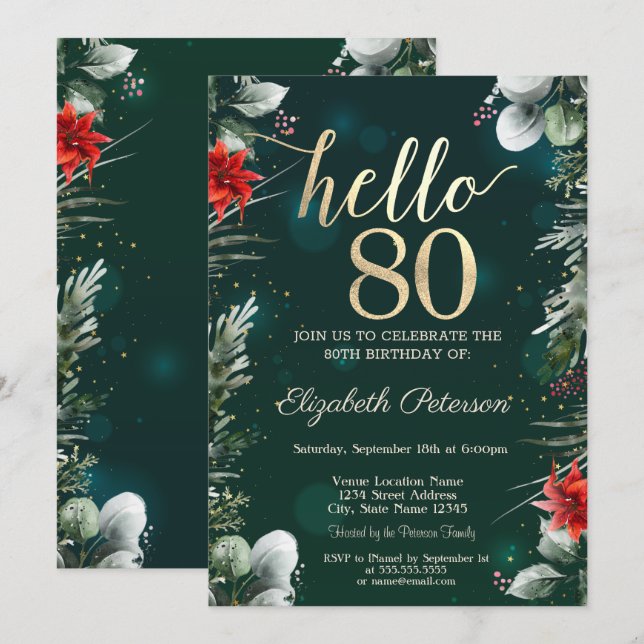 Convite Aniversário da 80 da Flor de inverno Poinsettia Ve (Frente/Verso)