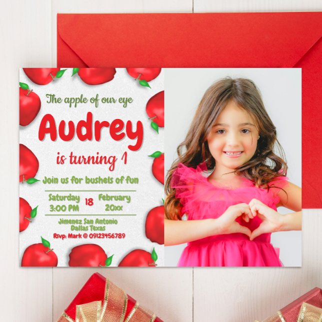 Convite Aniversário da Apple com Foto (Apple Birthday Landscape Invitation with Photo)