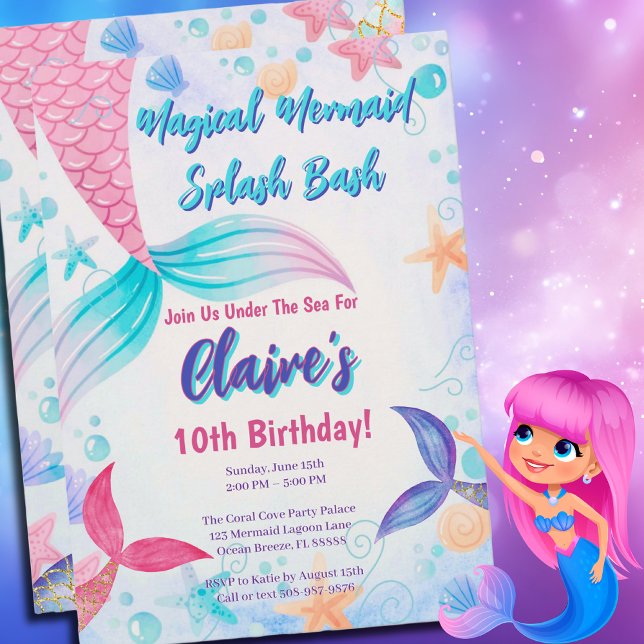 Convite Aniversário da Aquarela da Coluna de Sereia Mágica (Magical Mermaid Birthday Party Invitation)