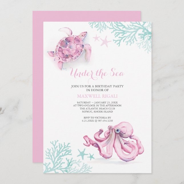 Convite Aniversário Da Aquarela Sob O Mar (Frente/Verso)