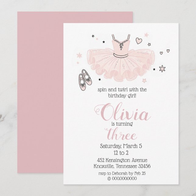 Convite Aniversário da Bailarina Rosa Elegante (Frente/Verso)