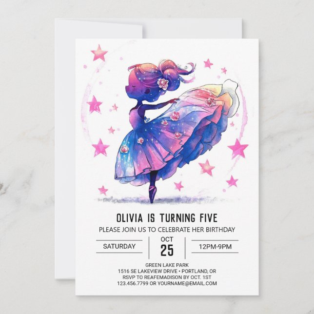Convite Aniversário da Ballerina com Aquarela Imprimível (Frente)