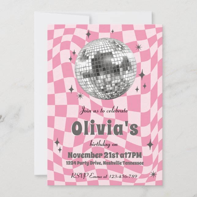 Convite Aniversário da Bola de Discoteca Coquette Rosa Ret (Frente)