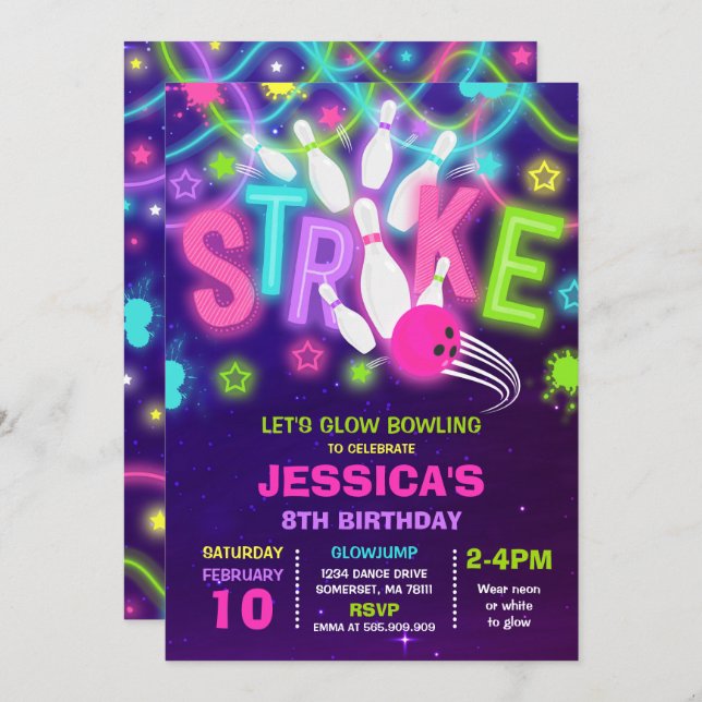 Convite Aniversário da Boliche do Glow Neon da Boliche (Frente/Verso)