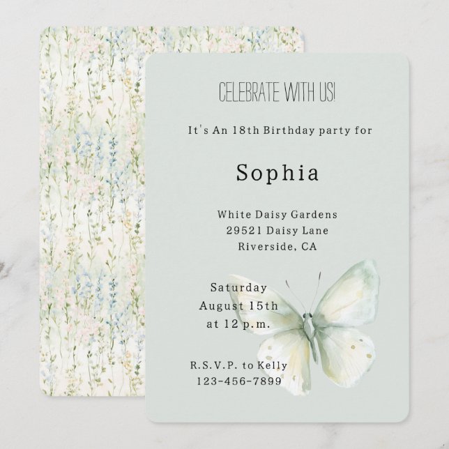 Convite Aniversário da Borboleta de Hortelã (Frente/Verso)