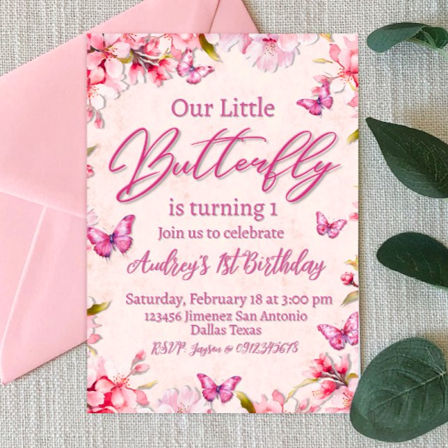 Convite Aniversário da Borboleta Rosa (Pink Butterfly Floral Girl Birthday Invitation)