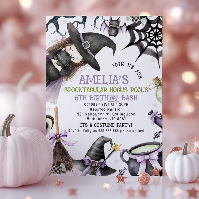 Convite Aniversário da Bruxa Verde Roxa (Little Witch Halloween Birthday Invitation, Witch Birthday Invitations, Halloween Birthday Invite)