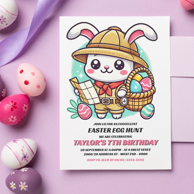 Convite Aniversário da Caça do Ovo de Páscoa do Bonny Expl (Invite friends and family to an eggcellent Birthday Easter egg hunt with this adorable invitation.)