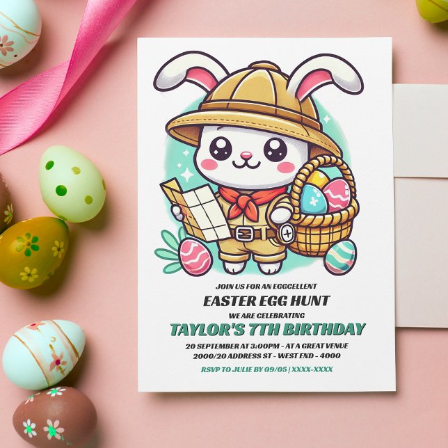 Convite Aniversário da Caça do Ovo de Páscoa do Bonny Expl (Invite friends and family to an eggcellent Birthday Easter egg hunt with this adorable invitation.)