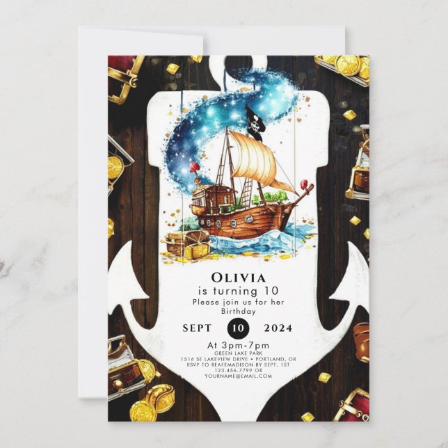 Convite Aniversário da Caça-Pirata do tesouro de Pastel en (Frente)