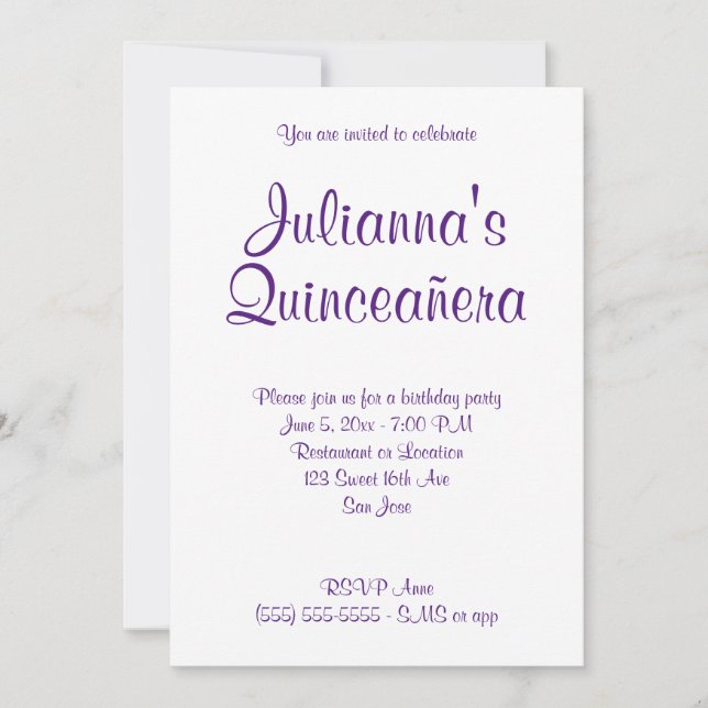 Convite Aniversário da Calligrafia Real Purple Quinceañera (Frente)