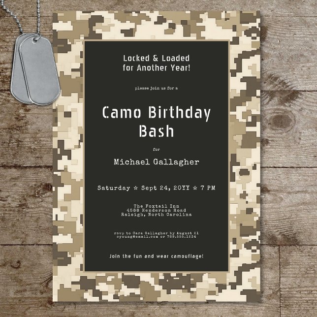Convite Aniversário da Camuflagem Digital Soldado Militar (Military Soldier Sand Digital Camouflage Birthday Invitation)
