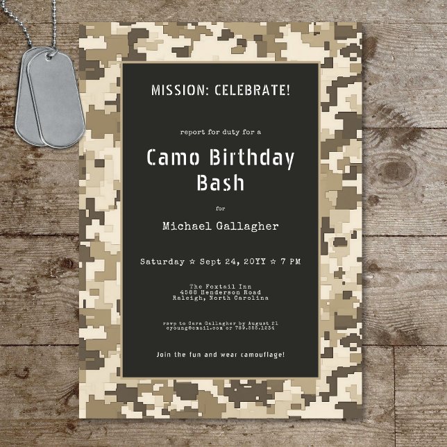 Convite Aniversário da Camuflagem Digital Soldado Militar (Military Soldier Sand Digital Camouflage Birthday Invitation)