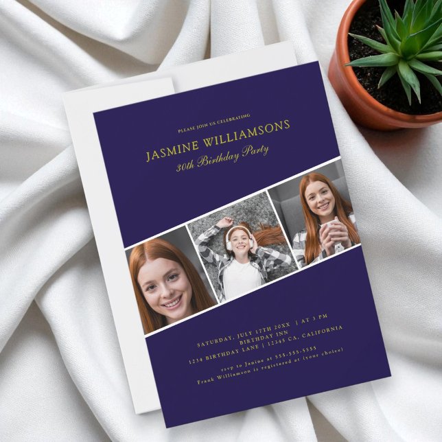 Convite Aniversário da Colagem de Três Fotos do Azul Moder (Criador carregado)