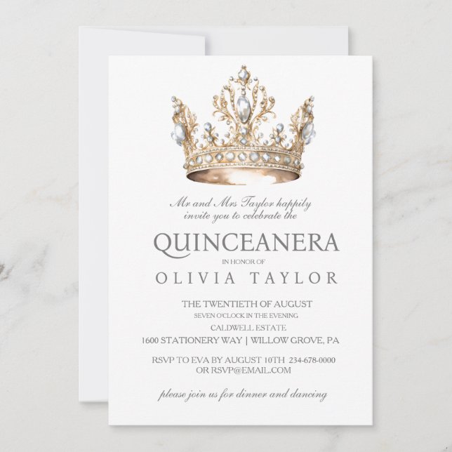 Convite Aniversário da Coroa de Silver Quinceanera (Frente)
