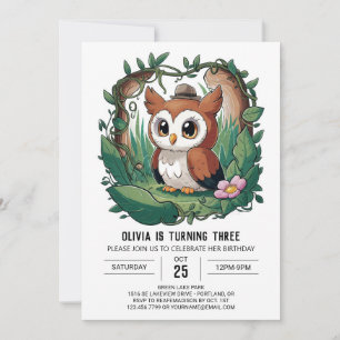 Convite Aniversário da Coruja Digital Colorida da Floresta