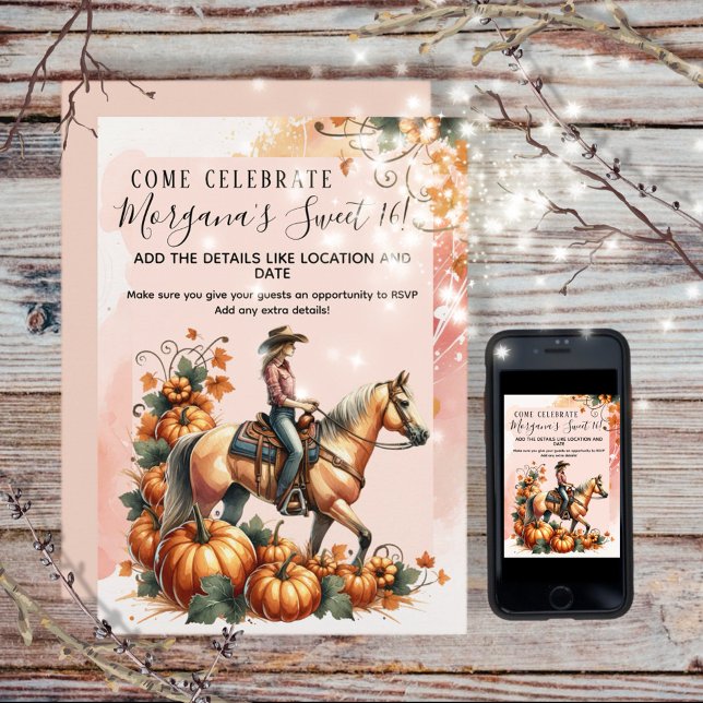 Convite Aniversário da Cowgirl Fall Pumpkin (Enjoy this beautiful customizable Cowgirl Autumn design!
)