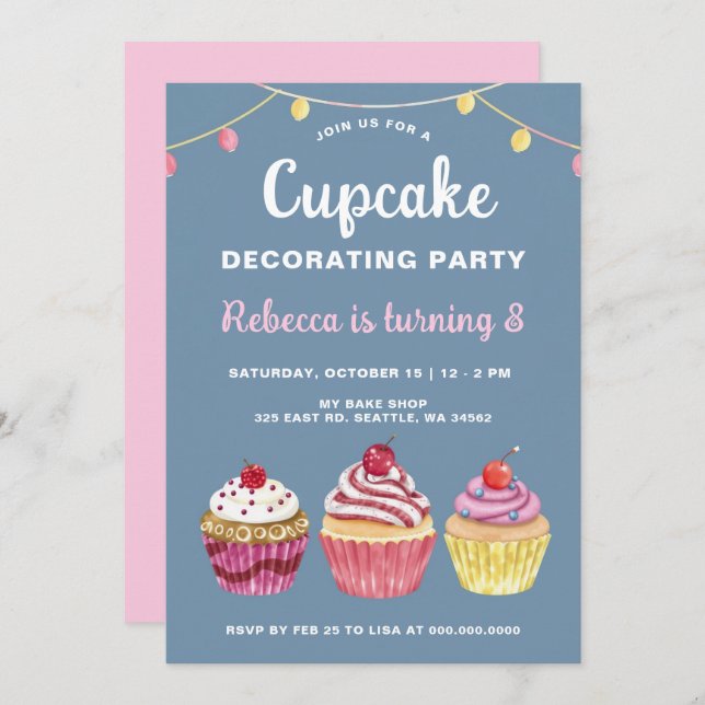Convite Aniversário da cupcake Decorando Festa (Frente/Verso)