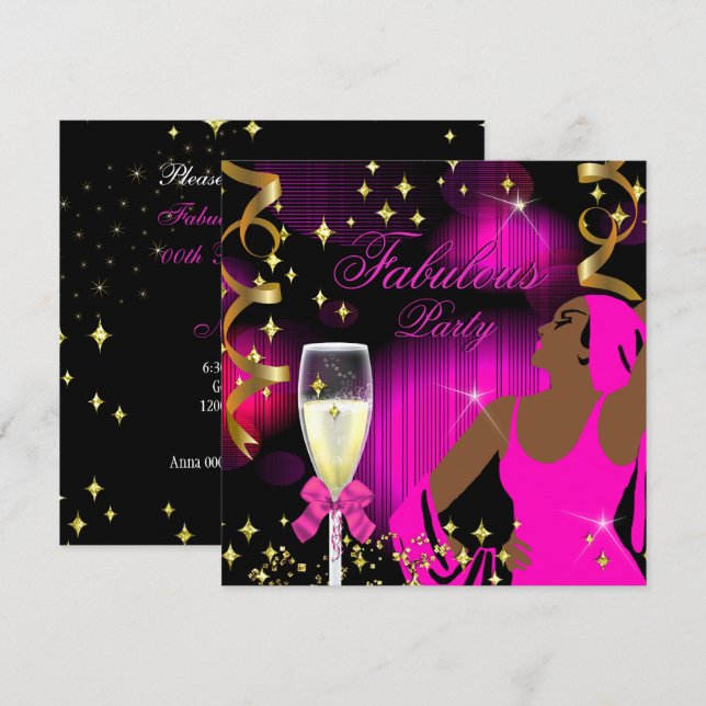 Convite Aniversário da Diva com Brilho Rosa Quente Fabulos (Frente/Verso)