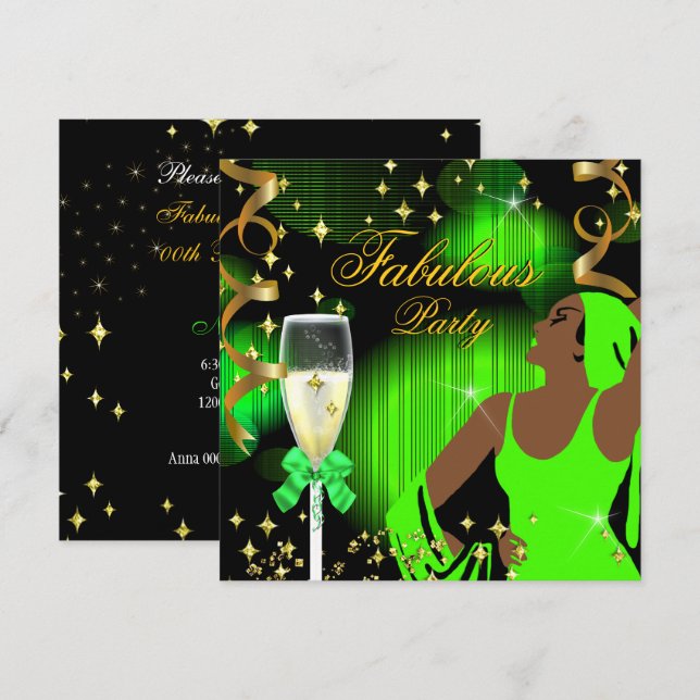 Convite Aniversário da Diva com Brilho Verde Lima Fabuloso (Frente/Verso)