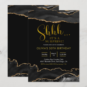 Convite Aniversário da Elegante Black e Dourada Agate Sur