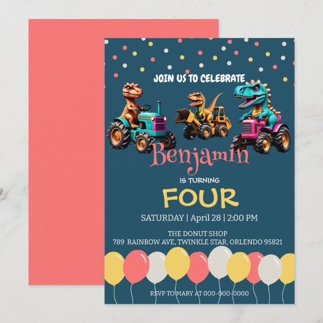 Convite Aniversário da escola de balões de caminhões com t (Frente/Verso)