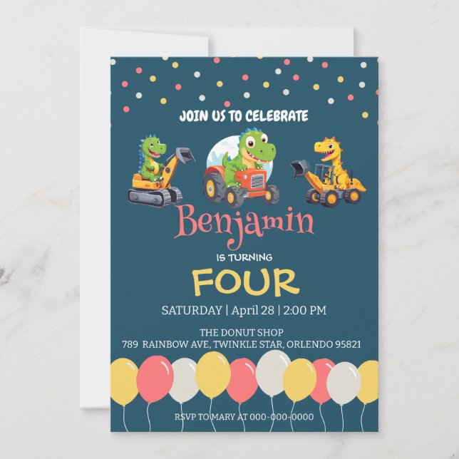 Convite Aniversário da escola de balões de caminhões com t (Frente)