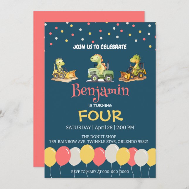 Convite Aniversário da escola de balões de caminhões com t (Frente/Verso)