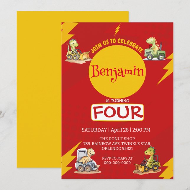 Convite Aniversário da escola de trator de dinossauro giro (Frente/Verso)