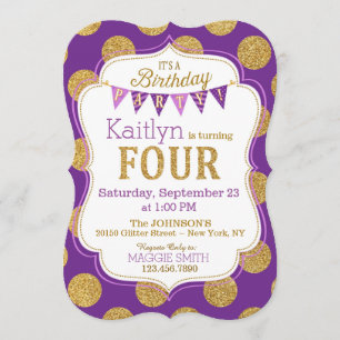 Convite Aniversário da faísca Dourado roxa do brilho o