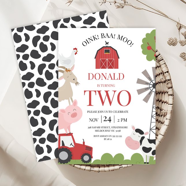 Convite Aniversário da Fazenda da Moo Baa Baa, com o Trato (Red Tractor Barnyard Birthday Invitation Template, Farm Birthday Invitation Boy, Red Barn Farmyard)