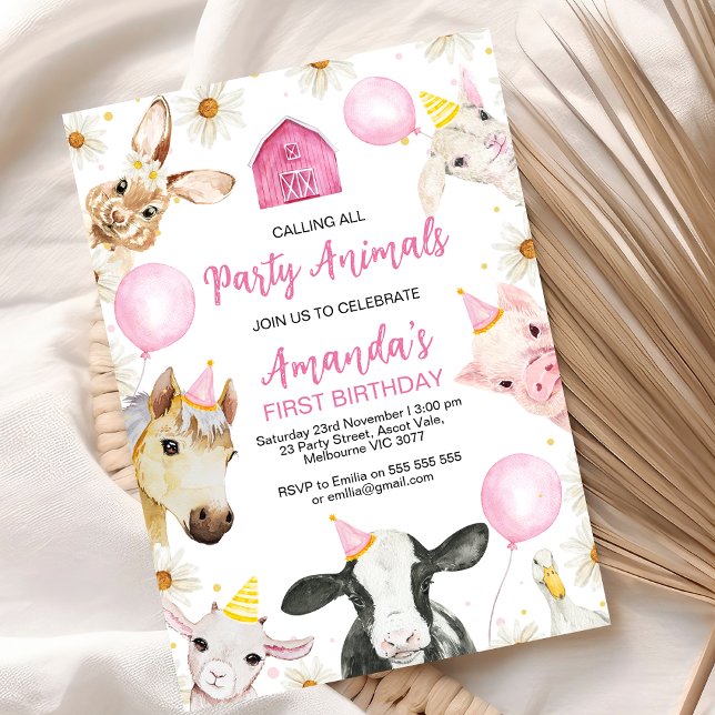 Convite Aniversário da Fazenda de margarida do balão rosa (Pink Yellow Farm Birthday Invitation Calling All Party Animals Farmyard Oink Baa Moo Farm Birthday)