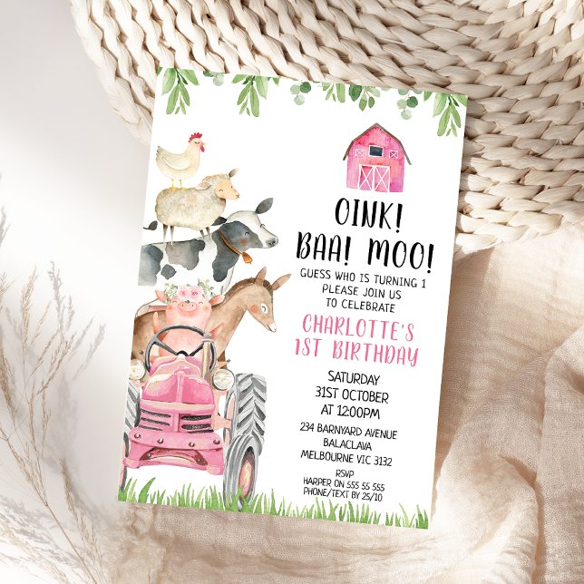 Convite Aniversário da Fazenda de Oink Baa Moo, um Quartel (Pink Girls Farm Birthday Invitation, Oink Baa Moo Birthday Invitation, Pink Tractor, Farmyard Barn)