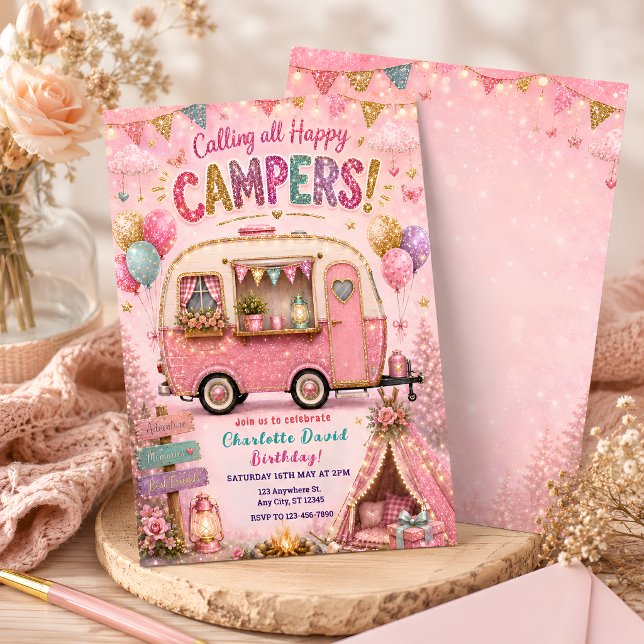 Convite Aniversário da Feliz Camper Rosa (Criador carregado)