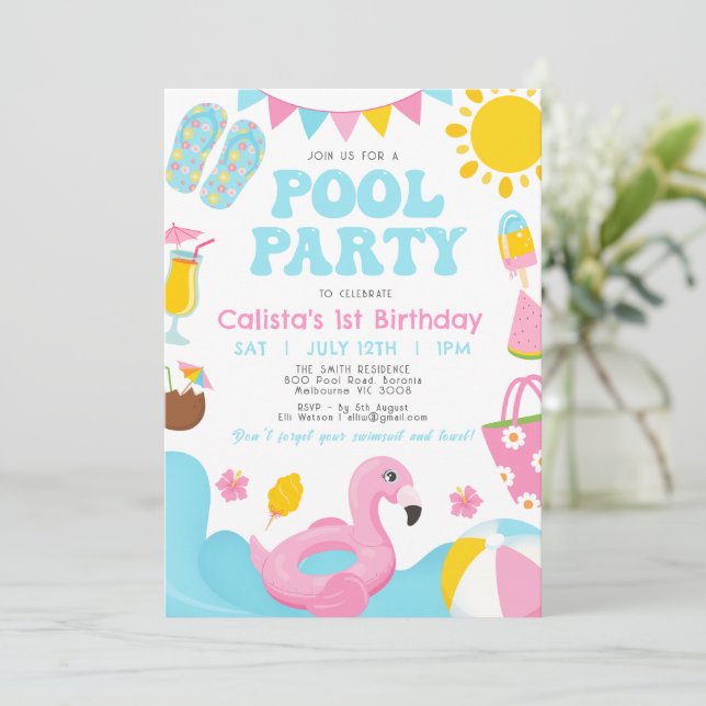 Convite Aniversário da Festa Colorida de Piscina de Verão (Em pé/Frente)